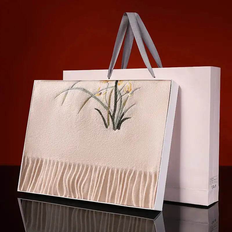 Handcrafted Embroidery Premium 100% Wool Cashmere Scarf Orchid 180x30cm - Image 5