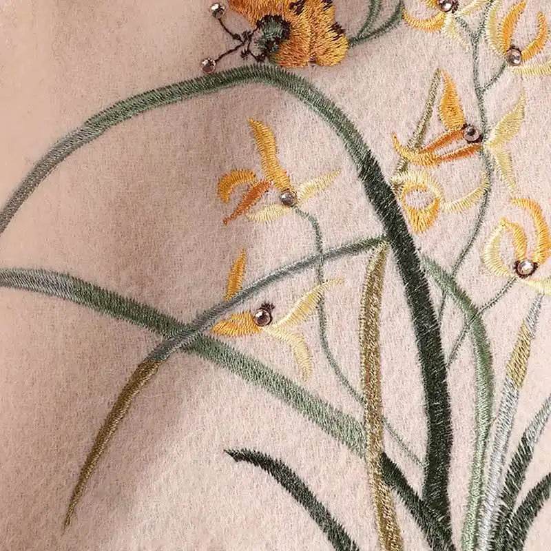 Handcrafted Embroidery Premium 100% Wool Cashmere Scarf Orchid 180x30cm - Image 4