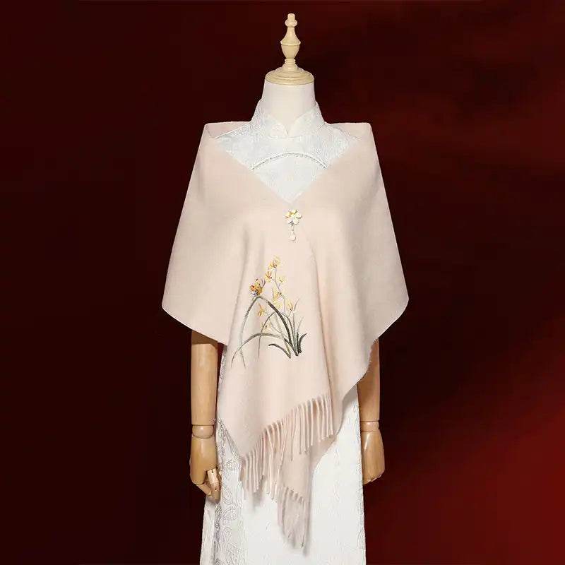 Handcrafted Embroidery Premium 100% Wool Cashmere Scarf Orchid 180x30cm - Image 2