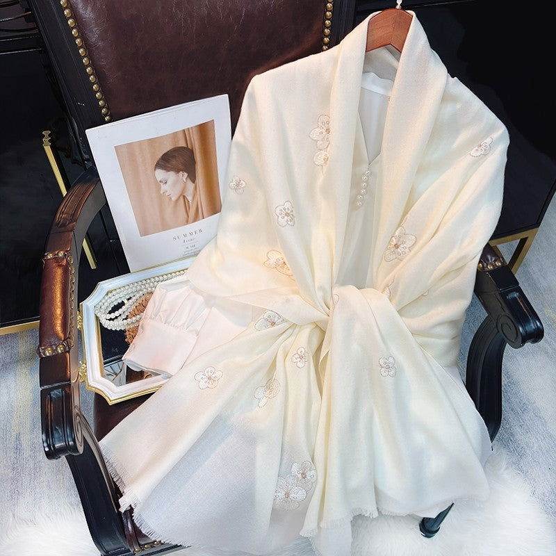 Embroidery 100% Pure Wool Cashmere Scarf for Winter 200x60 cm - Image 2