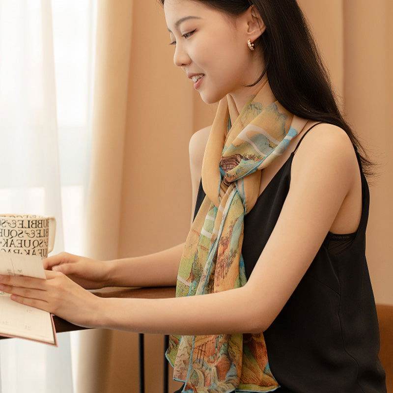 Mulberry Silk Chinese Painting Design Long Scarf 176x52cm - Image 5