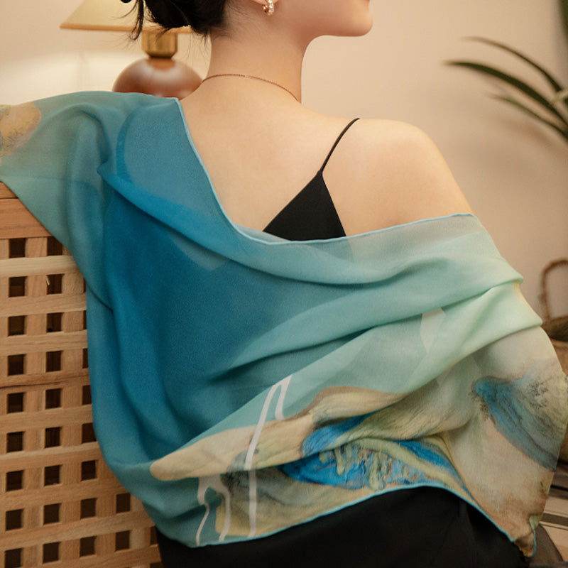 Mulberry Silk Chinese Painting Design Long Scarf 176x52cm - Image 7