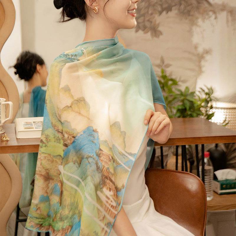Mulberry Silk Chinese Painting Design Long Scarf 176x52cm - Image 8