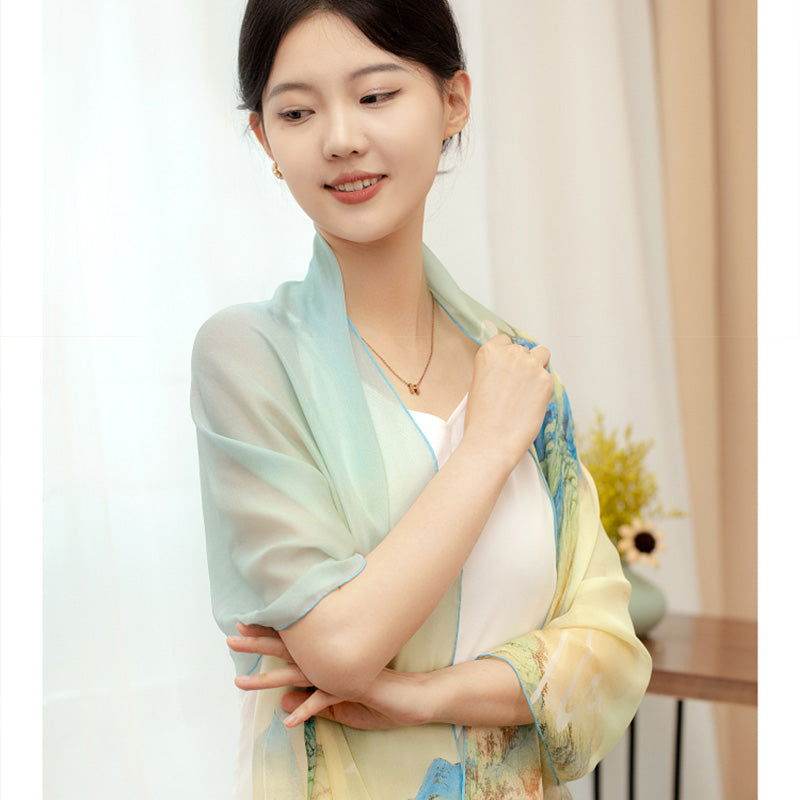 Mulberry Silk Chinese Painting Design Long Scarf 176x52cm - Image 10