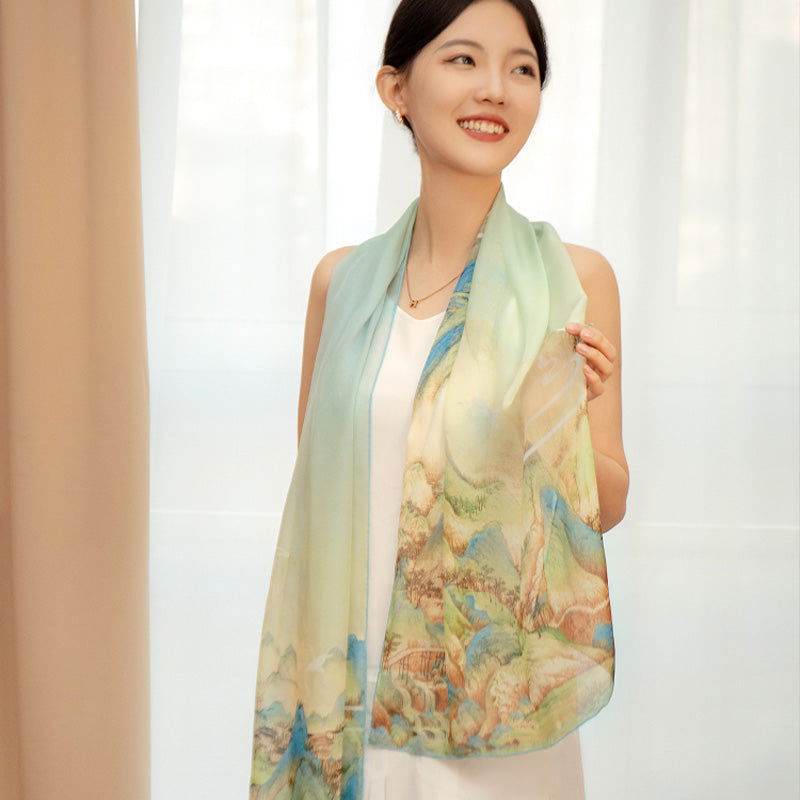 Mulberry Silk Chinese Painting Design Long Scarf 176x52cm - Image 11