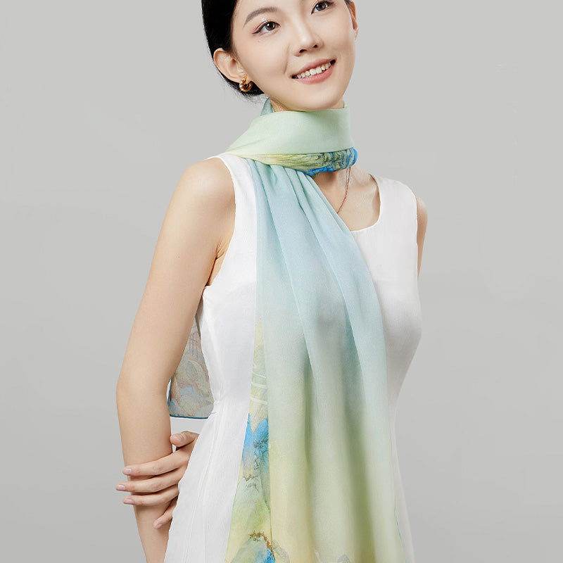 Mulberry Silk Chinese Painting Design Long Scarf 176x52cm - Image 13