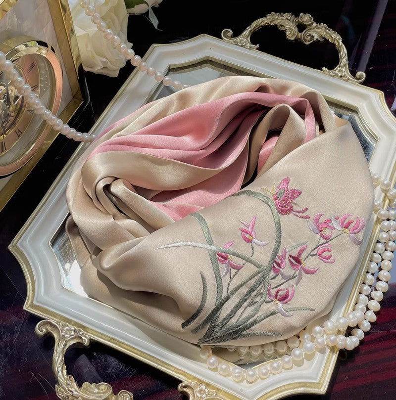 Hand Embroidered Suzhou 16 Momme Silk Scarf Luxury 155x35cm - Image 4