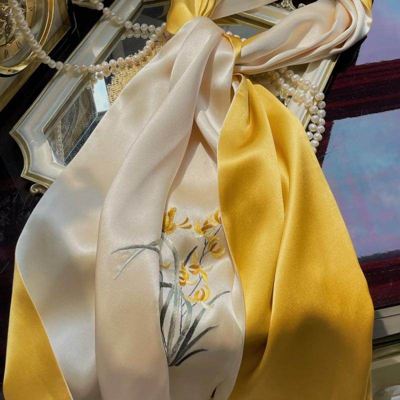 Hand Embroidered Suzhou 16 Momme Silk Scarf Luxury 155x35cm - Image 7