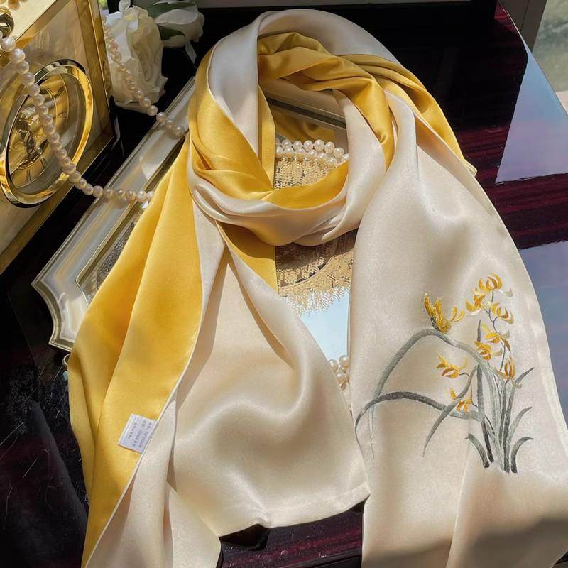 Hand Embroidered Suzhou 16 Momme Silk Scarf Luxury 155x35cm - Image 8