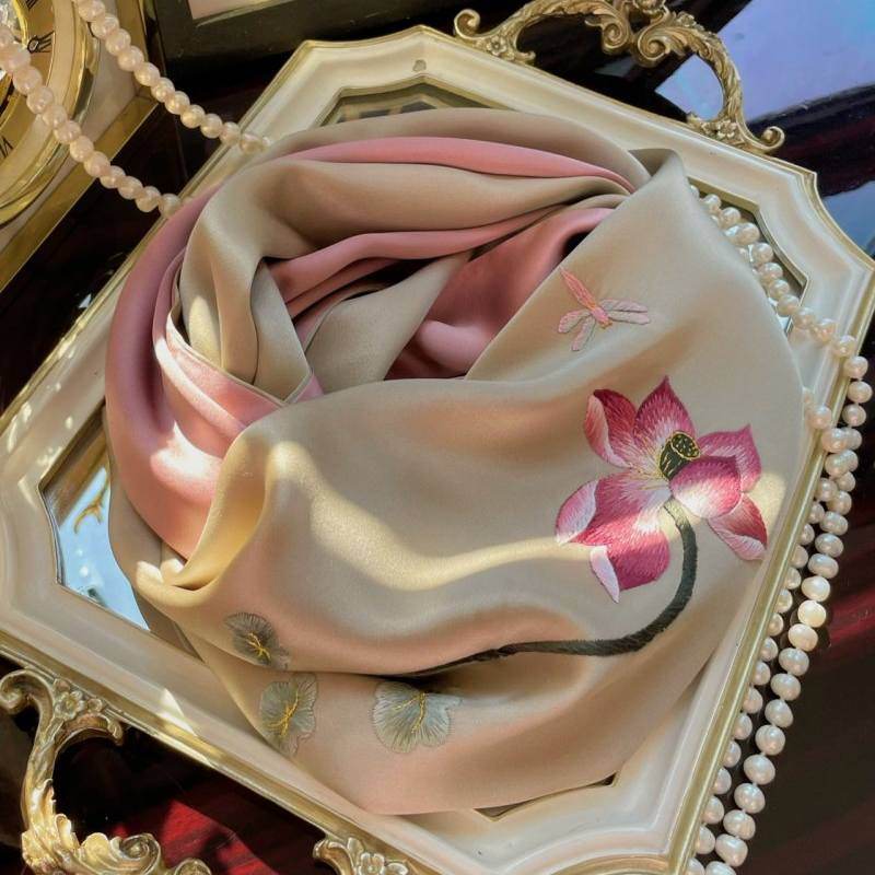Handmade Su Embroidery 16 Momme Silk Scarf Lotus 155x35cm - Image 2