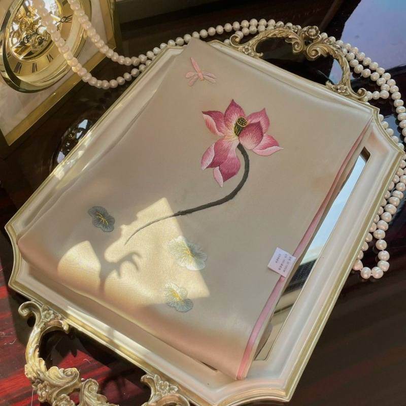 Handmade Su Embroidery 16 Momme Silk Scarf Lotus 155x35cm - Image 3