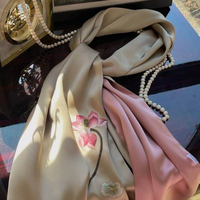 Handmade Su Embroidery 16 Momme Silk Scarf Lotus 155x35cm - Image 4