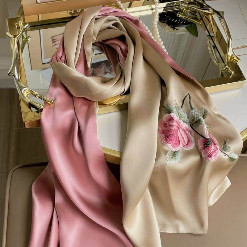 Handmade Su Embroidery 16 Momme Silk Scarf Peony 155x35cm - Image 3