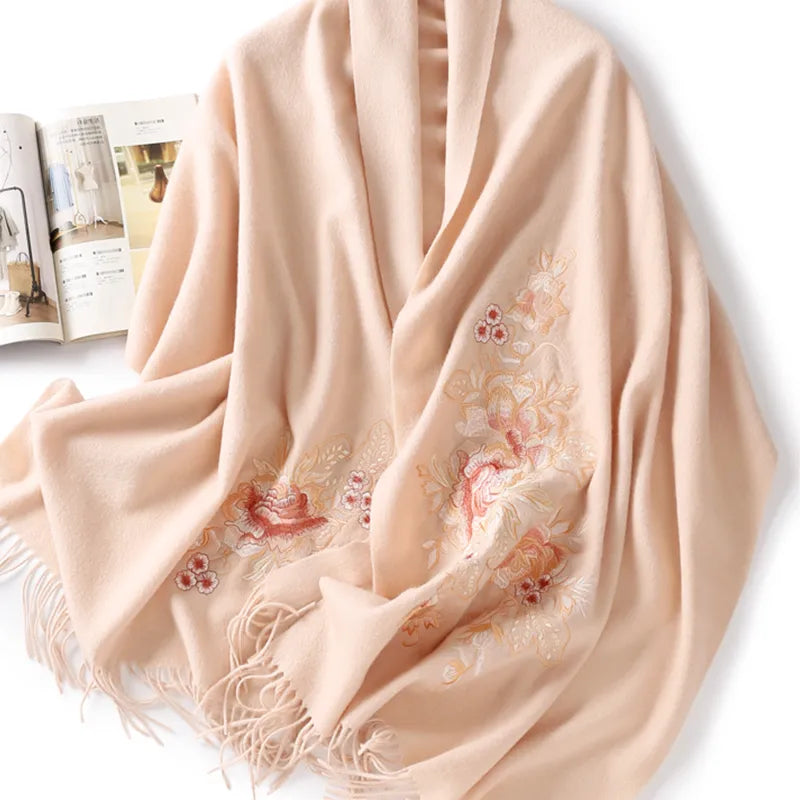 Embroidery Premium 100% Wool Cashmere Scarf Prosperous Peony Pattern 200 x 60 cm - Image 11