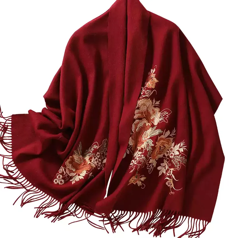 Embroidery Premium 100% Wool Cashmere Scarf Prosperous Peony Pattern 200 x 60 cm - Image 10