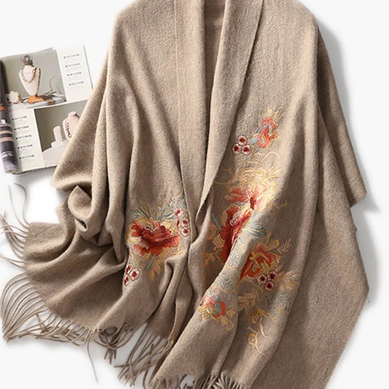 Embroidery Premium 100% Wool Cashmere Scarf Prosperous Peony Pattern 200 x 60 cm - Image 12