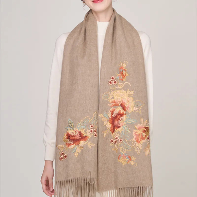 Embroidery Premium 100% Wool Cashmere Scarf Prosperous Peony Pattern 200 x 60 cm - Image 9
