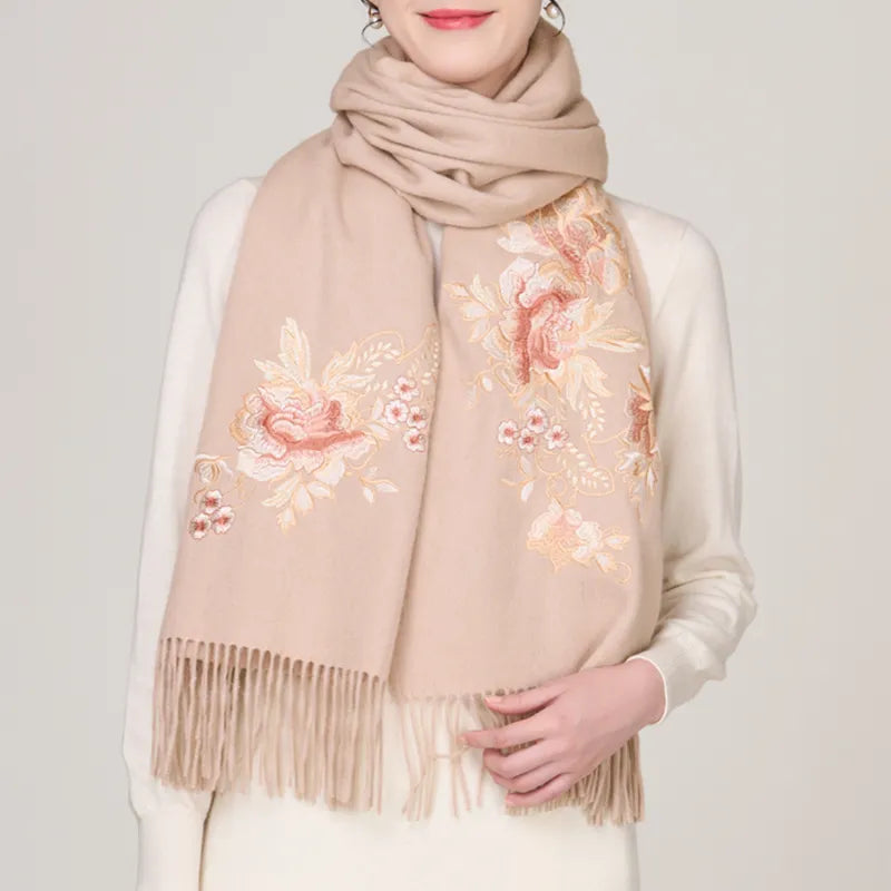 Embroidery Premium 100% Wool Cashmere Scarf Prosperous Peony Pattern 200 x 60 cm - Image 6