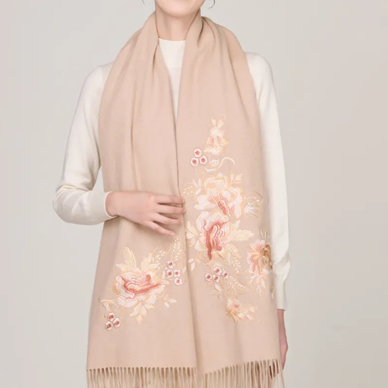 Embroidery Premium 100% Wool Cashmere Scarf Prosperous Peony Pattern 200 x 60 cm - Image 5