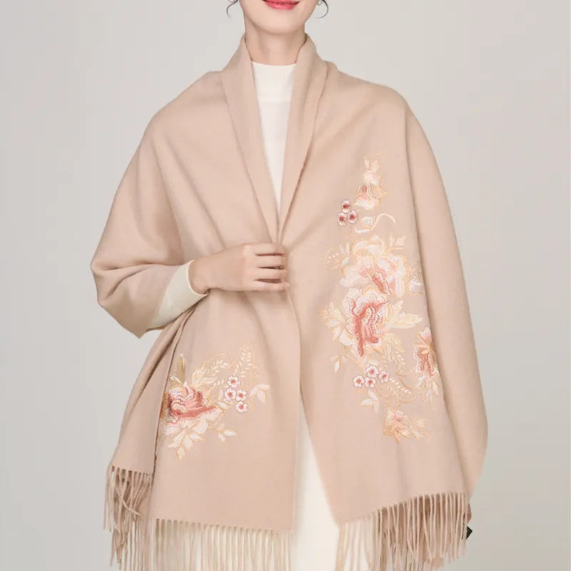 Embroidery Premium 100% Wool Cashmere Scarf Prosperous Peony Pattern 200 x 60 cm - Image 4