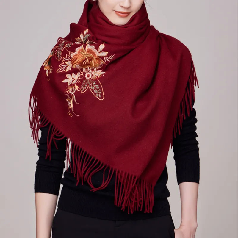 Embroidery Premium 100% Wool Cashmere Scarf Prosperous Peony Pattern 200 x 60 cm - Image 3
