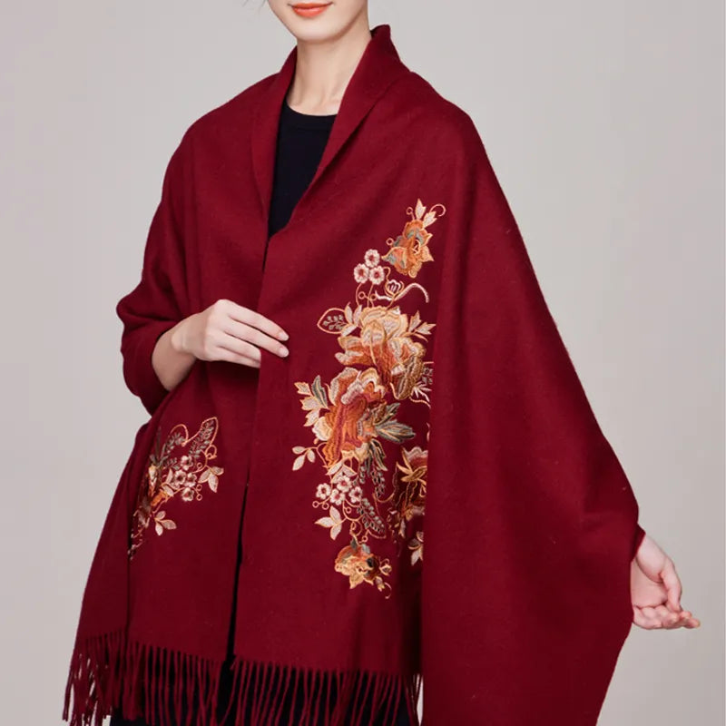 Embroidery Premium 100% Wool Cashmere Scarf Prosperous Peony Pattern 200 x 60 cm - Image 2