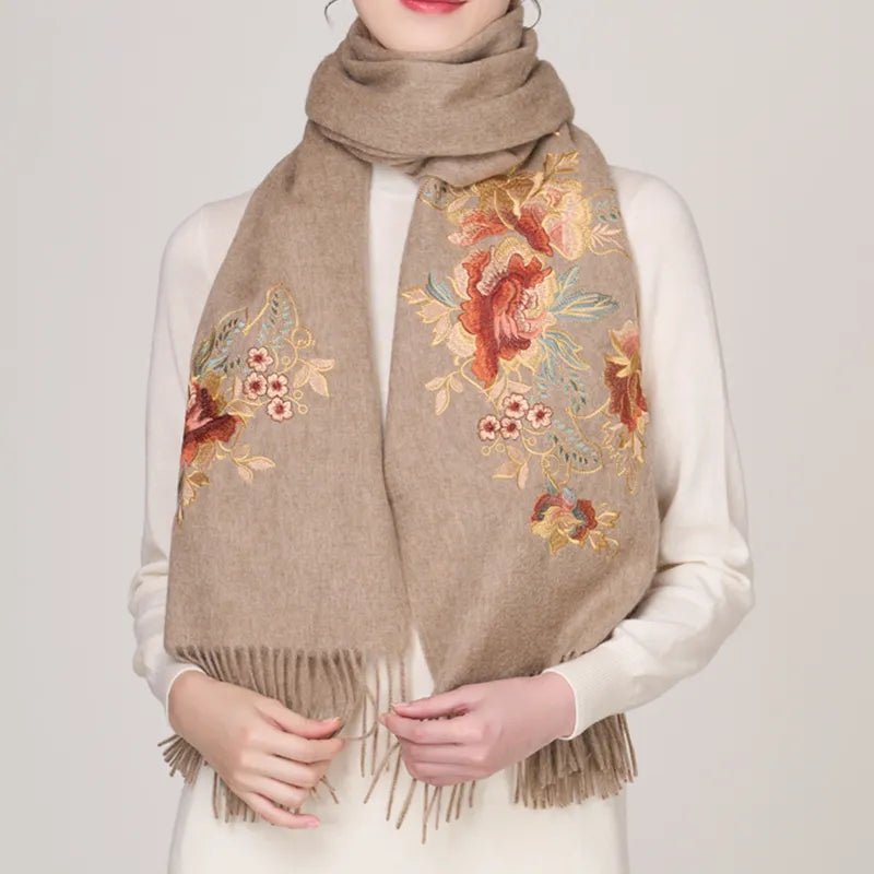 Embroidery Premium 100% Wool Cashmere Scarf Prosperous Peony Pattern 200 x 60 cm - Image 8