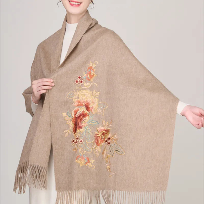 Embroidery Premium 100% Wool Cashmere Scarf Prosperous Peony Pattern 200 x 60 cm - Image 7