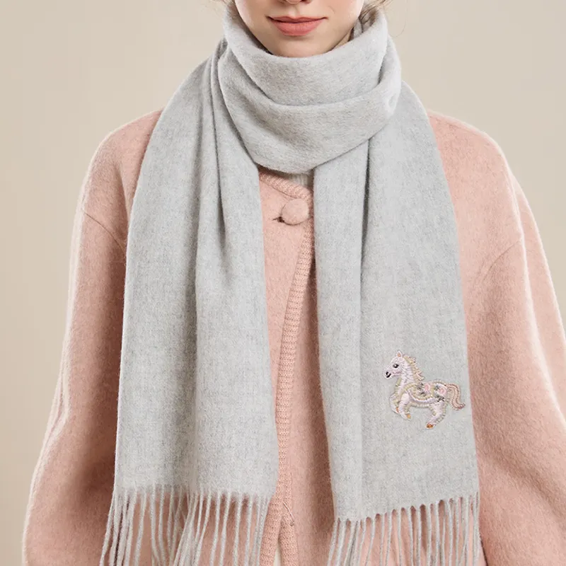 Embroidery Premium 100% Wool Cashmere Scarf Fortune Horse Pattern 180 x 30 cm - Image 4