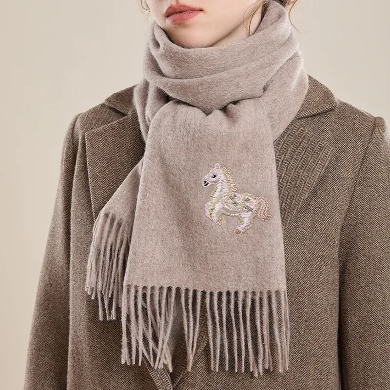 Embroidery Premium 100% Wool Cashmere Scarf Fortune Horse Pattern 180 x 30 cm - Image 5