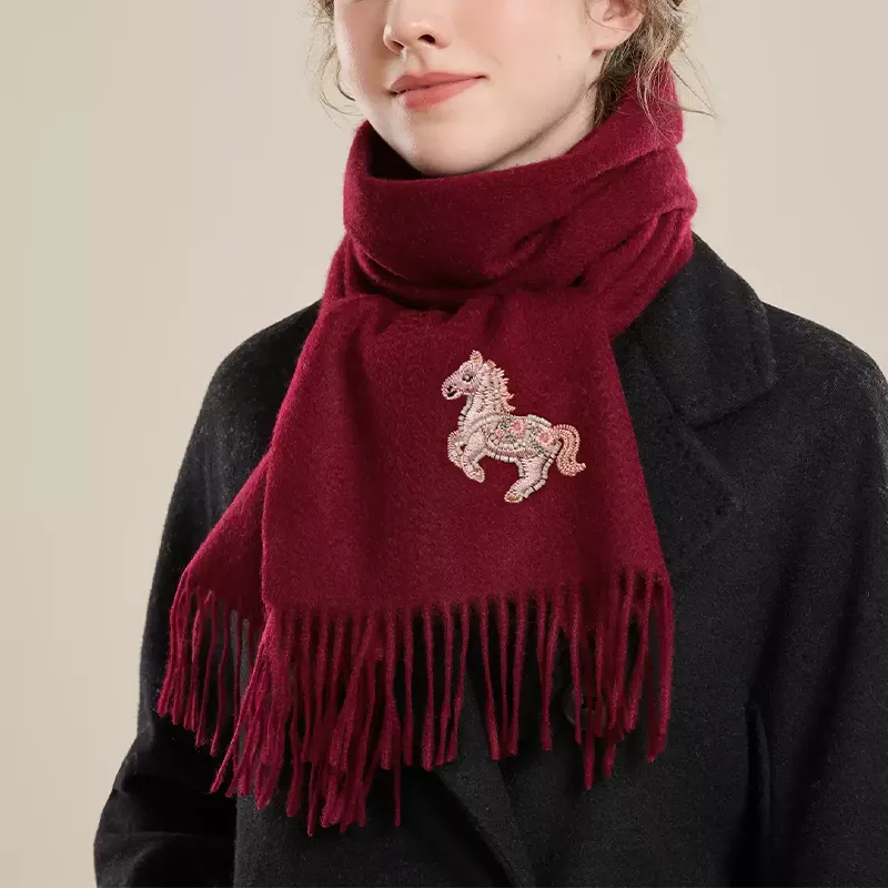 Embroidery Premium 100% Wool Cashmere Scarf Fortune Horse Pattern 180 x 30 cm - Image 3