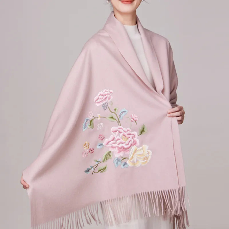 Embroidery Premium 100% Wool Cashmere Scarf Hydrangea Peony Pattern 200 x 70 cm - Image 3