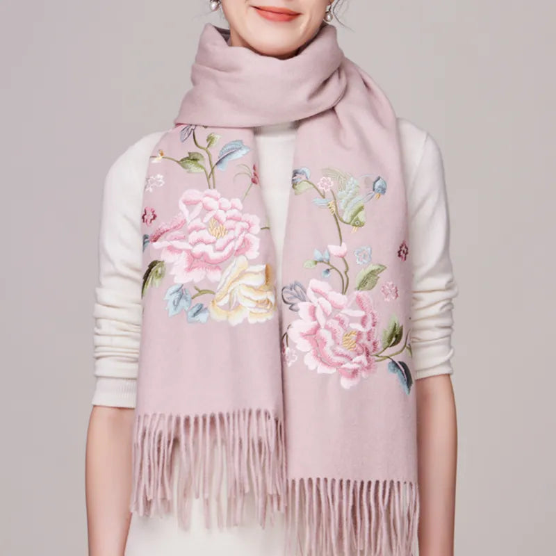 Embroidery Premium 100% Wool Cashmere Scarf Hydrangea Peony Pattern 200 x 70 cm - Image 2