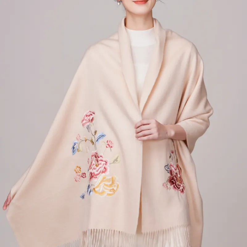 Embroidery Premium 100% Wool Cashmere Scarf Hydrangea Peony Pattern 200 x 70 cm - Image 6