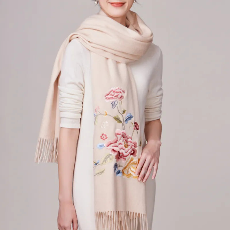 Embroidery Premium 100% Wool Cashmere Scarf Hydrangea Peony Pattern 200 x 70 cm - Image 4
