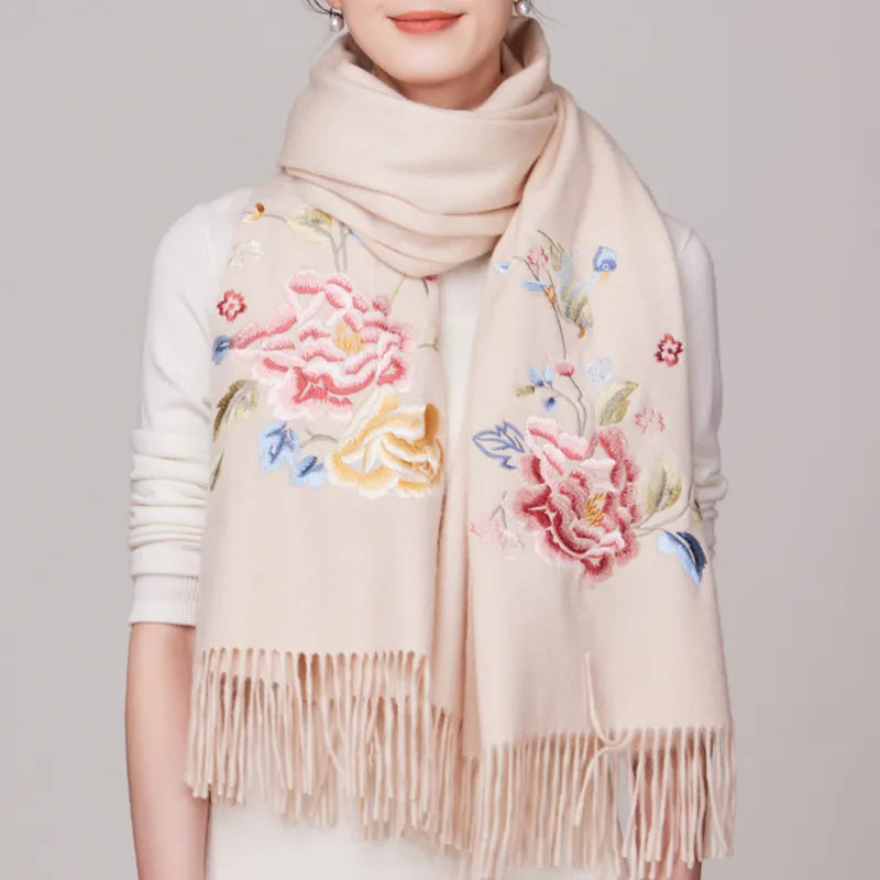 Embroidery Premium 100% Wool Cashmere Scarf Hydrangea Peony Pattern 200 x 70 cm - Image 5