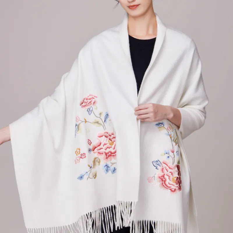 Embroidery Premium 100% Wool Cashmere Scarf Hydrangea Peony Pattern 200 x 70 cm - Image 9