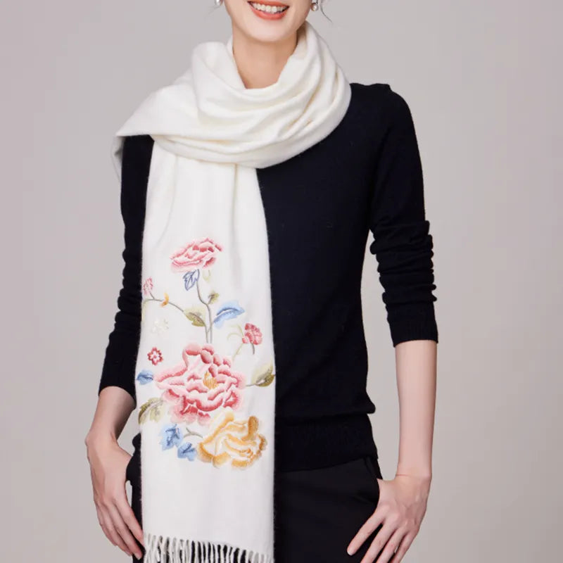 Embroidery Premium 100% Wool Cashmere Scarf Hydrangea Peony Pattern 200 x 70 cm - Image 7