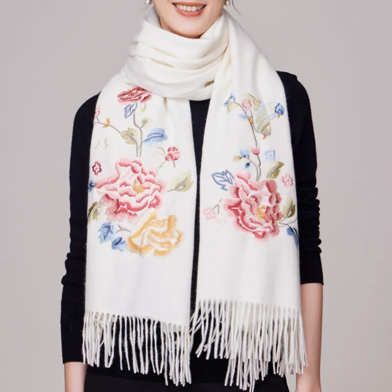 Embroidery Premium 100% Wool Cashmere Scarf Hydrangea Peony Pattern 200 x 70 cm - Image 8