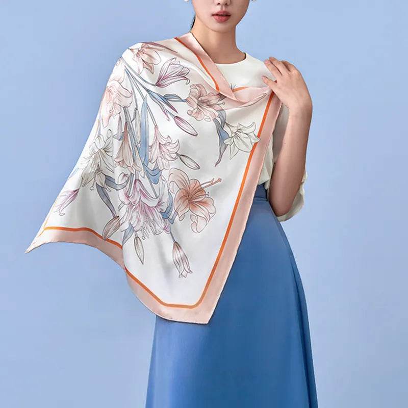 100% Mulberry Silk Summer Lily Square Scarf 70 x 70 Cm - Image 7